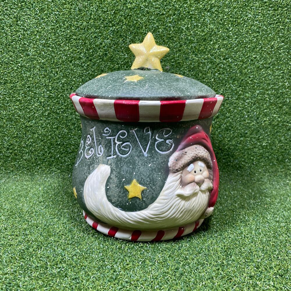 Vintage Christmas Santa Believe Ceramic Cookie Jar Canister